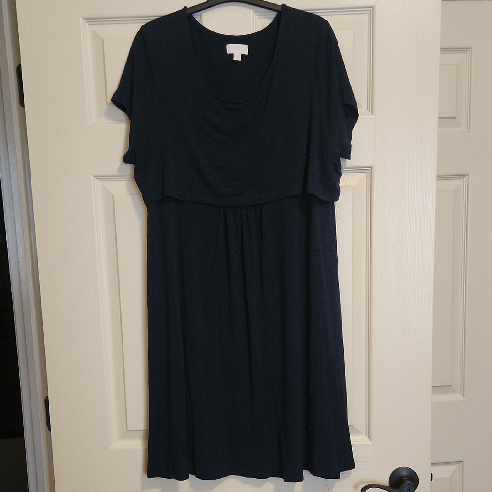 a:glow Maternity Navy Layered Short Sleeve Nursing Dress, XXL